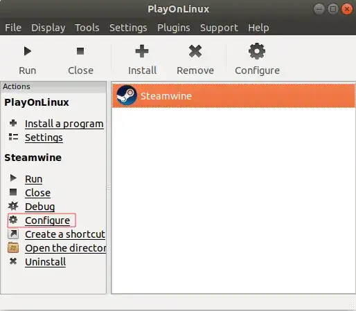 PlayOnLinux with Configure Highlighted