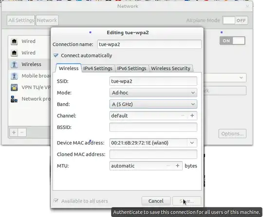 Wireless connection settings panel
