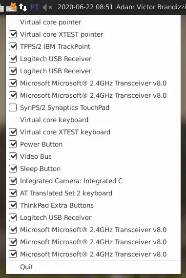 A menu listing devices that can be disabled or enabled.