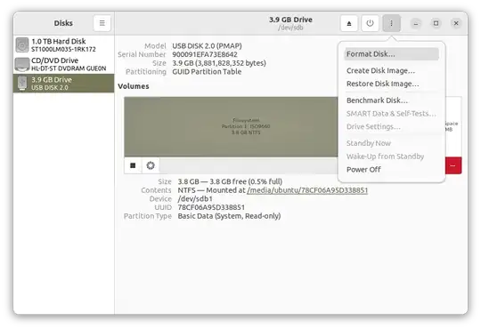 Format Disk option in Disks