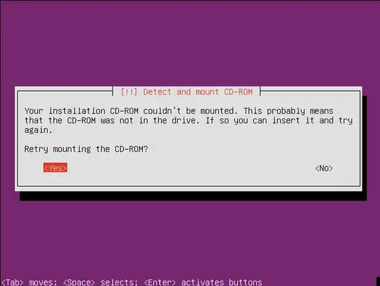 Your installation CD-ROM couldn't be mounted. This probably means that the CD-ROM was not in the drive. If so you can insert it and try again. Retry mounting the CD-ROM? (Yes) (No)