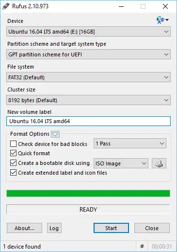 rufus configured in GPT and UEFI mode
