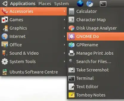 Screenshot showing the Applications > Accessories menu.