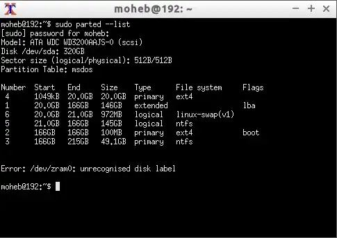 The output of the command parted --list