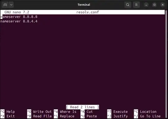 Image of Nano editor editing resolv.conf
