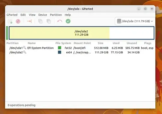 My system loaded in GParted. There are two partitions. The first partition - /dev/sda1 - is named "EFI System Partition". It's formatted as fat32 and takes up 512MiB. It has the flags "boot" and "esp. The second partition - /dev/sda2 - has no name. It's formatted as ext4, and takes up the remaining space on the drive. It has no flags.