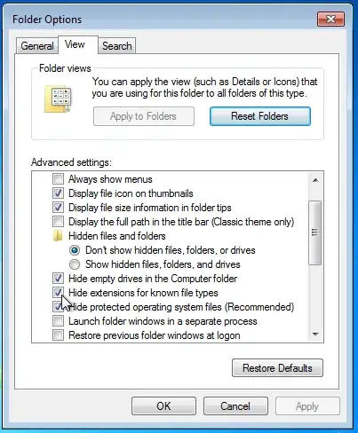 Folder Options in Windows 7, showing the "Hide extensions for known file types" option