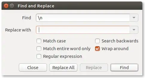 Find and Replace dialog box, searching for Unix-style (LF) line endings