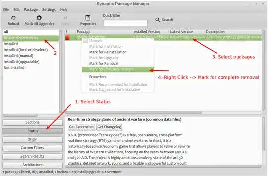 Screenshot showing "Mark for complete removal" on packages with broken dependencies
