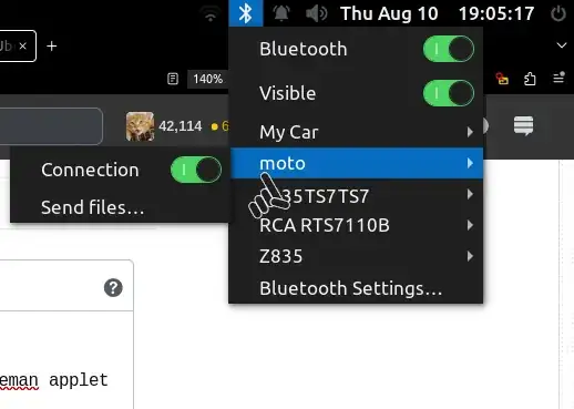 screenshot showing the dropdown menu from the default system bluetooth menu with the mouse cursor hovered over the phone/device and the switch is toggled for "Connection"