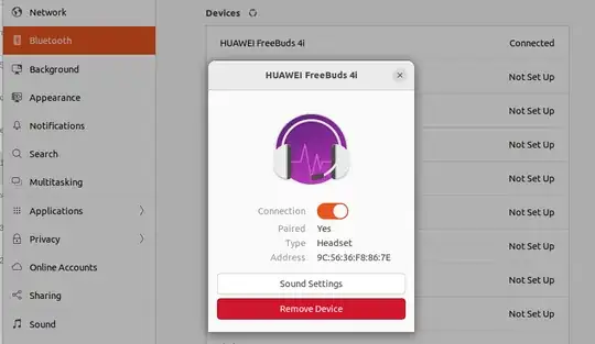 Screenshot HUAWEI FreeBuds 4i Connected Bluetooth Device under Gnome Bluetooth Settings on Ubuntu 22.04 LTS