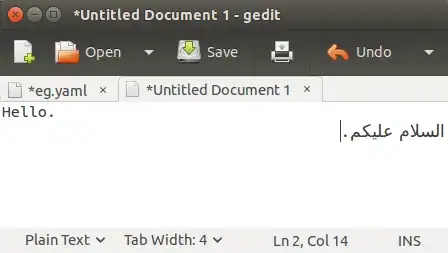 Screenshot of Gedit, first line says "Hello." and second line says "السلام عليكم."