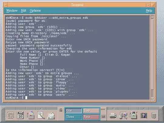 screenshot showing adduser, run in a desktop environment that doesn't provide user management utilities of its own