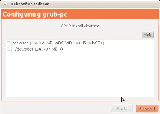 Debconf window, configuring grub-pc, containing check-boxes for /dev/sda and /dev/sda1