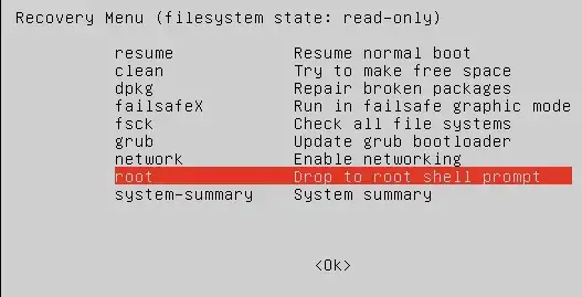 `root` entry in the recovery menu recovery menu with <code>root</code> entry selected