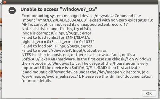 Dialog box showing a long error message titled 'Unable to access "Windows7_OS"' and starting with 'Error mounting system-managed device /dev/sda'