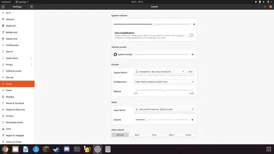 Screenshot of the 'Sound' page in Gnome Settings; showing (amongst other things) a five-choice menu for the alert sound