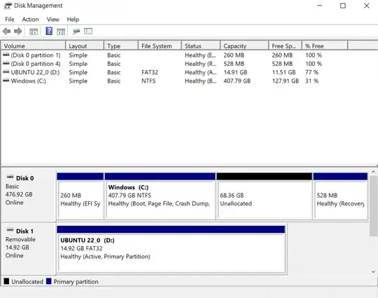 disk manager showing bitlocker is off and there is about 70Gbs of unallocated space