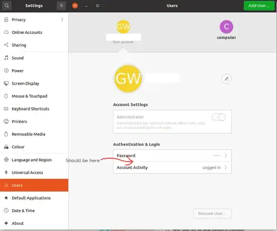 User account settings control panel with space for fingerprint UI