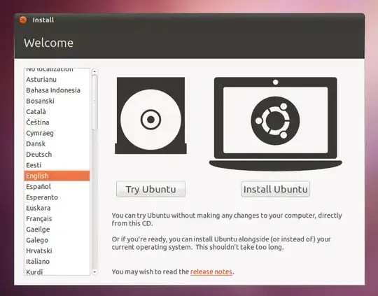 Screenshot of "Welcome" stage of Ubuntu installation. The options here are "Try Ubuntu" and "Install Ubuntu".