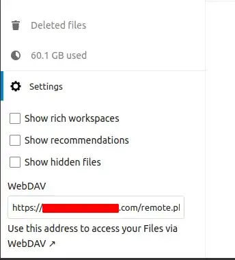 screen grab of Nextcloud Files app settings showing webdav URL