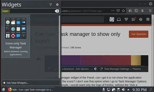 Add Widgets window with icons-only task manager
