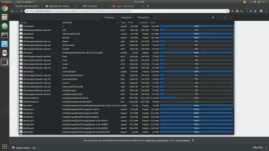 System Monitor > File Systems screenshot showing many /dev/mapper/ubuntu-vg-root and /dev/loopXX entries