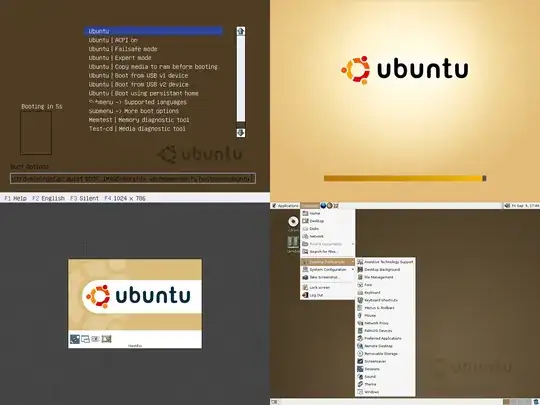 Ubuntu 4.10 Warty Warthog live CD boot loader, boot splash, GNOME loading screen, and GNOME desktop