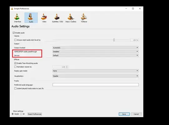 VLC missing audio passthrough options