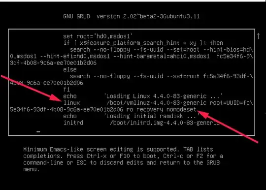 GRUB editor screen with arrows to parameters
