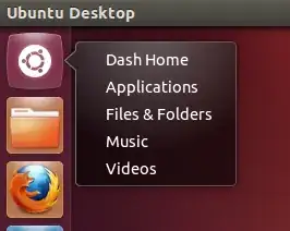 Screenshot of Dash icon's quicklist, showing links to different lenses