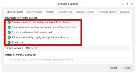Software & Updates panel, on the "Ubuntu Software" tab. There are five options in "Downloadable from the internet", all selected: Canonical-supported free and open-source software (main); Community-maintained free and open-source software (universe); Proprietary drivers for devices (restricted); Software restricted by copyright or legal issues (multiverse); Source code. A "Download from" dropdown is set to "Main server".