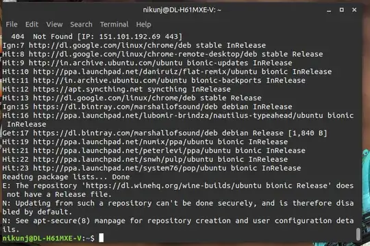 terminal screenshot - winehq repository does not have a release file