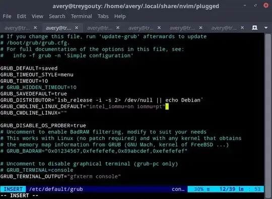 adding iommu boot flags to /etc/default/grub file