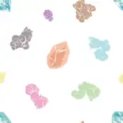 "Vulpix evolves with a Fire Stone while Alolan Vulpix evolves with an Ice Stone. The multicolored Vulpix and Evolution stones make up this colorful arrangement."