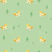 "Ponyta's legs grow strong while it chases after its parent. It now runs wild and free among the trees in this open field of green."