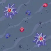 "Starmie, known as “the gem of the sea”, lights up dark seashores in the night. Its central core glows with the seven colors of the rainbow."