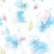 "Vaporeon likes clean water. Its cells resemble water molecules and can be dissolved in water. It is swimming happily with a lively expression. Let's dress refreshingly with soft colors!"