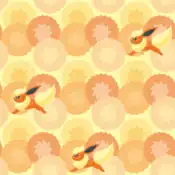 "Despite its beautiful appearance, Flareon’s body temperature is between 700 to 800 degrees. It's seen here joyfully leaping through soft bundles of fluff."