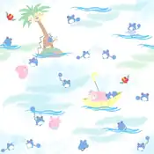 "Marill is hanging out with Alolan Exeggutor, Luvdisc, Wooper and Slowpoke, also with whom Marill shares a nap in an umbrella that happened to drift by."