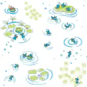 "Mudkip plays happily at the waterside. Some are playing with Lotad and raising their legs from the surface of the water."