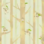 "Nuzleaf rushes around in the thick forest. If you look closely, you'll see a vigilant Rowlet hiding in a hole in a big tree."