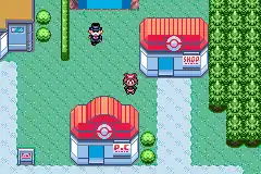 Poké Mart with red roof and black-suited Gentleman in Petalburg City