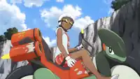 Carmen riding a Cyclizar in Pokémon: Paldean Winds