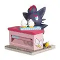 A figure of a Zorua at a counter with two Casteliacone on it and a spilled one next to it.