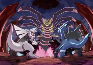 Dialga and Palkia confronting Origin Forme Giratina at Spear Pillar