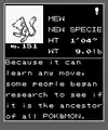 A print of Mew's Crystal Pokédex entry