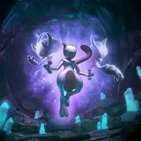 Mewtwo and its two Mega Evolutions in Cerulean Cave