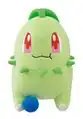 A plush toy of a Chikorita holding an Oran Berry.