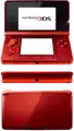 A Red Nintendo 3DS Open, Closed and front view